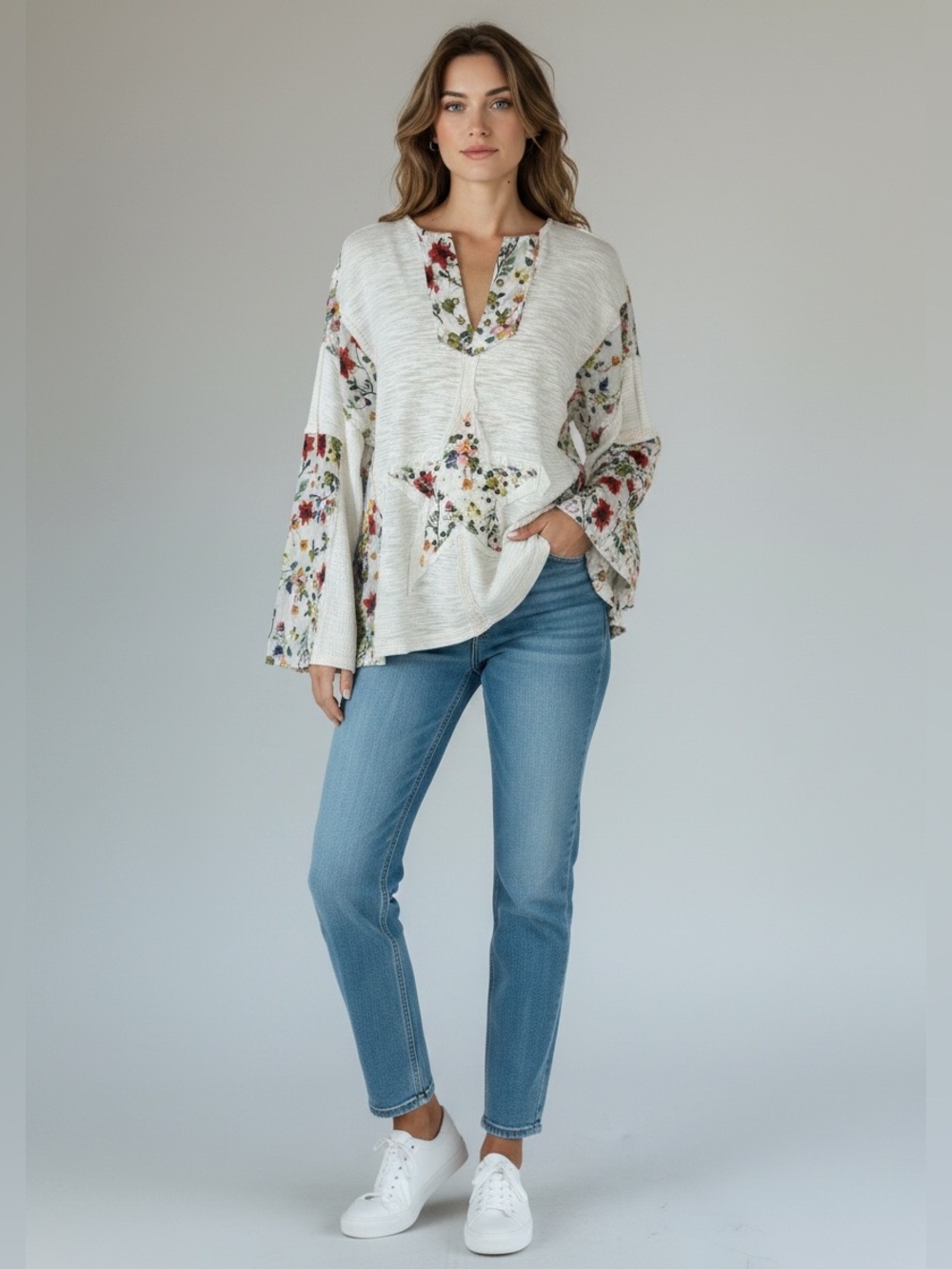 POL Multicolor Floral V-Neck Oversized Slub Knit Star Patch Pull Over Top Size M - Picture 1 of 10